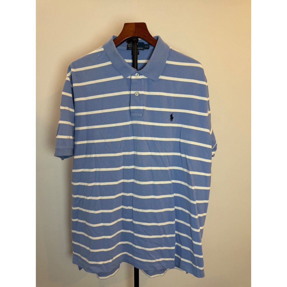 Polo Ralph Lauren Mens XXL Blue White Striped Short Sleeve Pique Polo Shirt